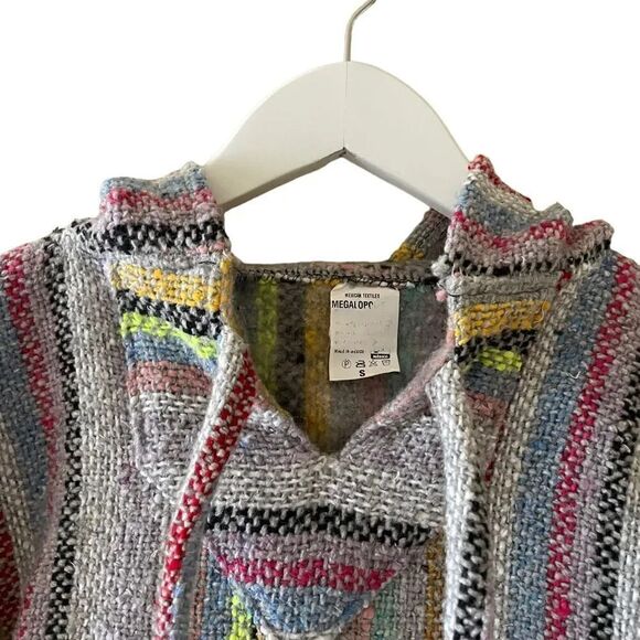 Mexican Boho Hooded Baja-Stripe Multicolor Unisex Pullover Pancho SZ S - Picture 2 of 10